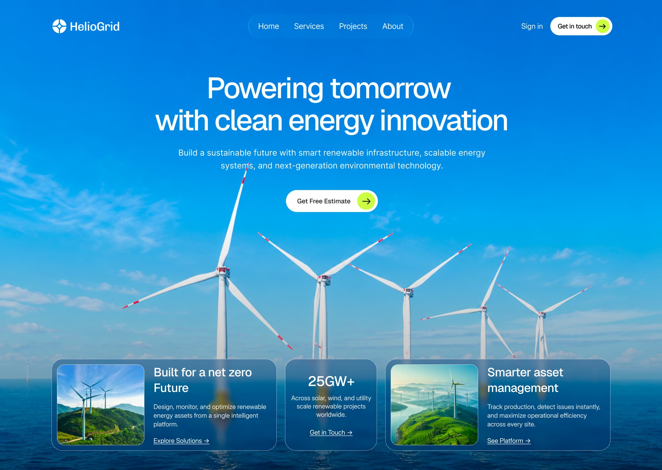 Clean energy brand site — cinematic photography hero