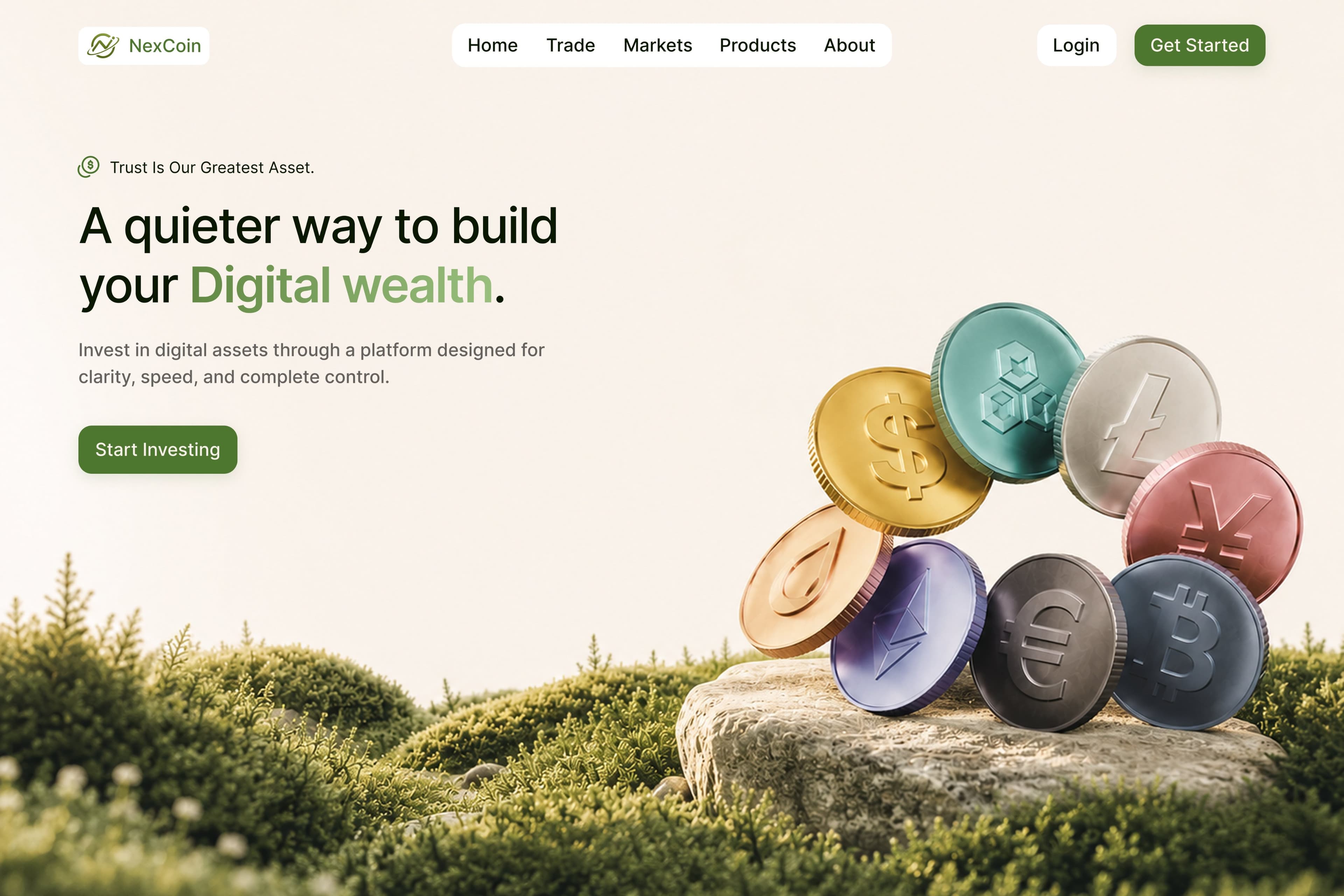 Fintech marketing site — calm light product layout