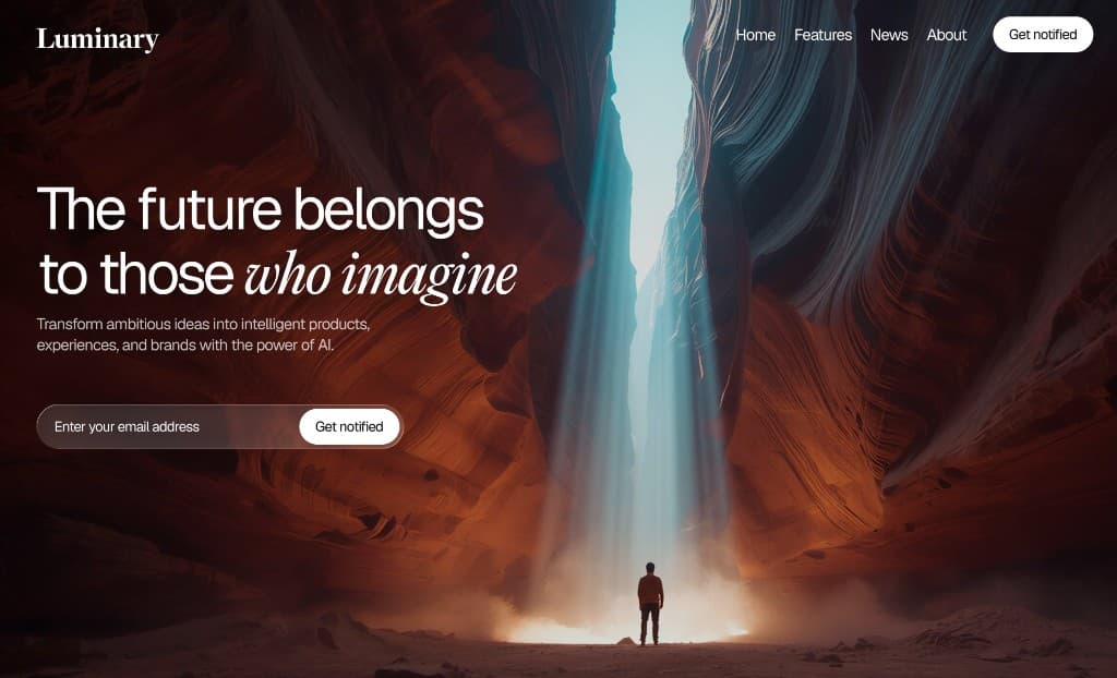 Luminary brand site — cinematic canyon hero with email capture