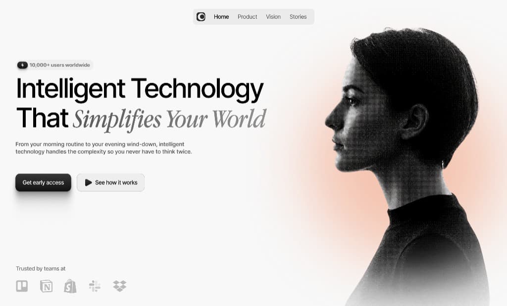 Intelligent tech lifestyle landing — light hero with portrait and trust logos