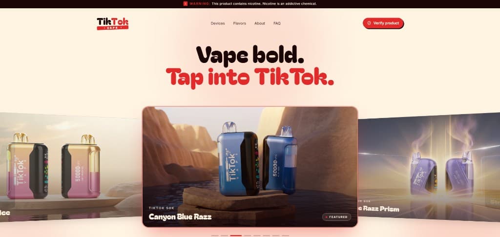 TikTok Vape landing — cream layout with featured product carousel