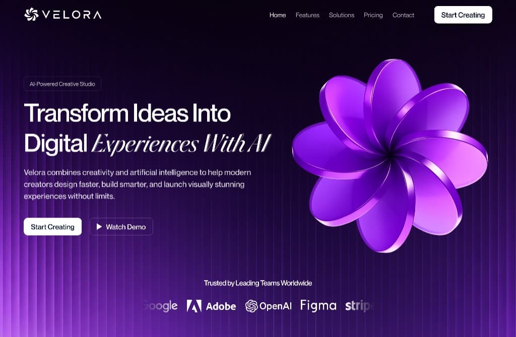 VELORA AI creative studio — dark purple hero with 3D mark